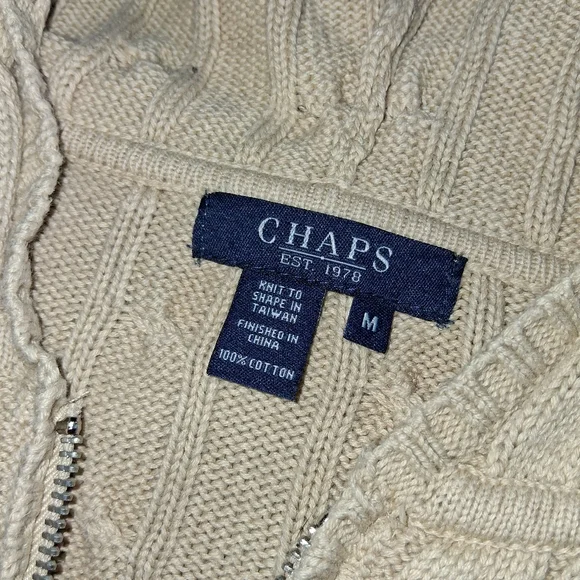 Chaps 100% Cotton Beige Cable Knit Zip Up Hoodie - Picture 5 of 9